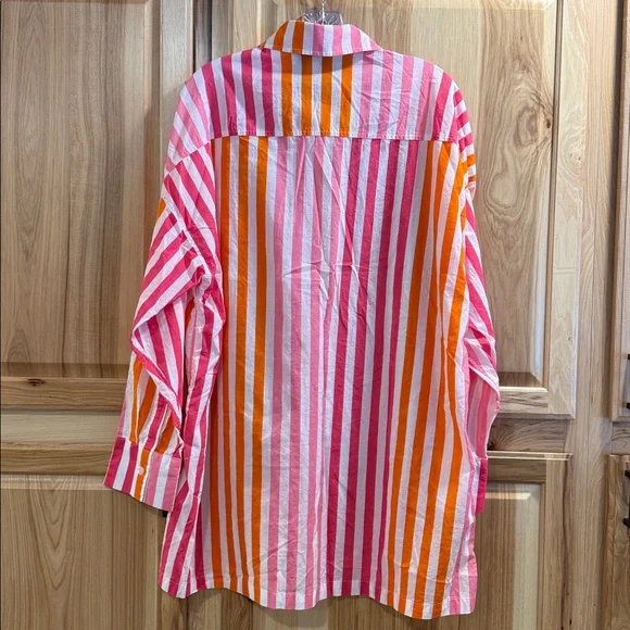 Beach Riot Pink Orange Striped Beach Resortwear Button Down Cover Up Shirt Sz PL - Picture 7 of 11